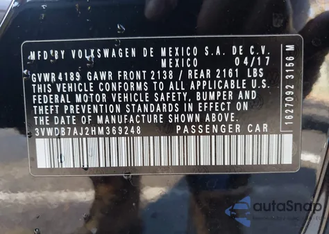 2017 Volkswagen Jetta 1.4T Se z USA, uszkodzony, nr VIN 3VWDB7AJ2HM369248